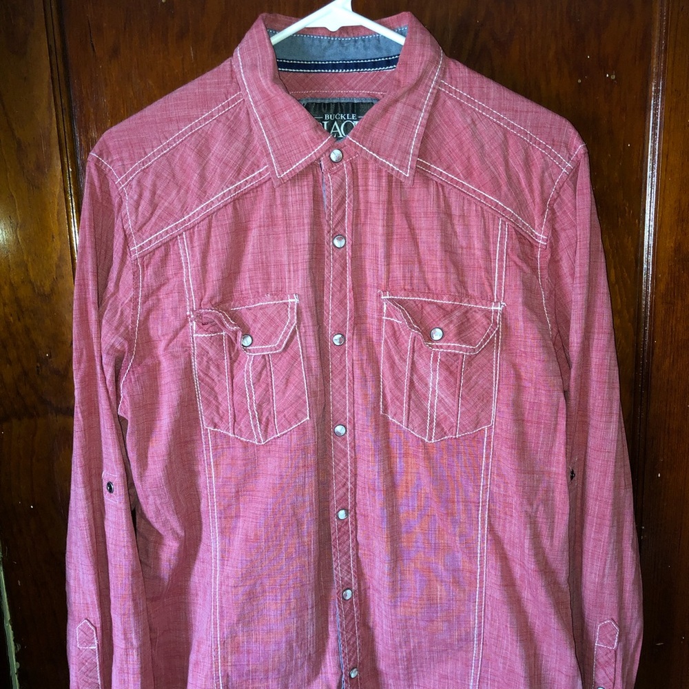 Men’s Red Buckle Black Long Sleeve Button Up